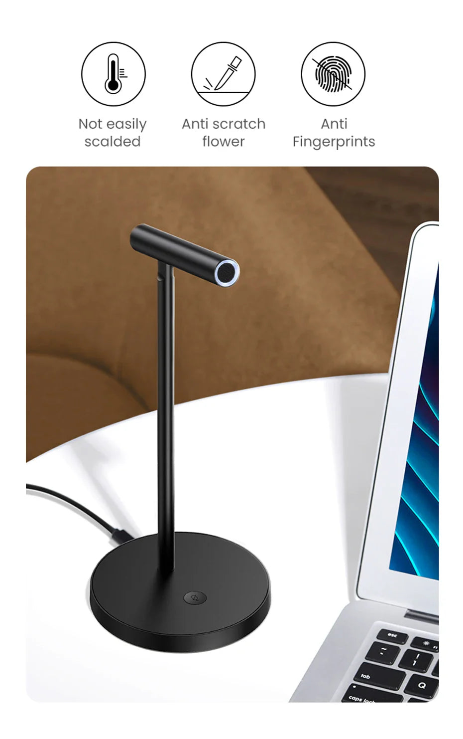 Sleek black metal stand with a cylindrical arm for holding a device or accessory.