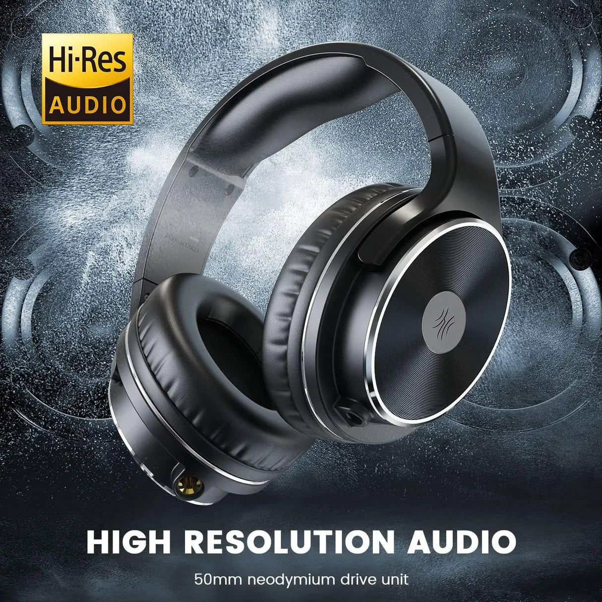 Sleek black over-ear headphones with a silver accent ring on the earcup.