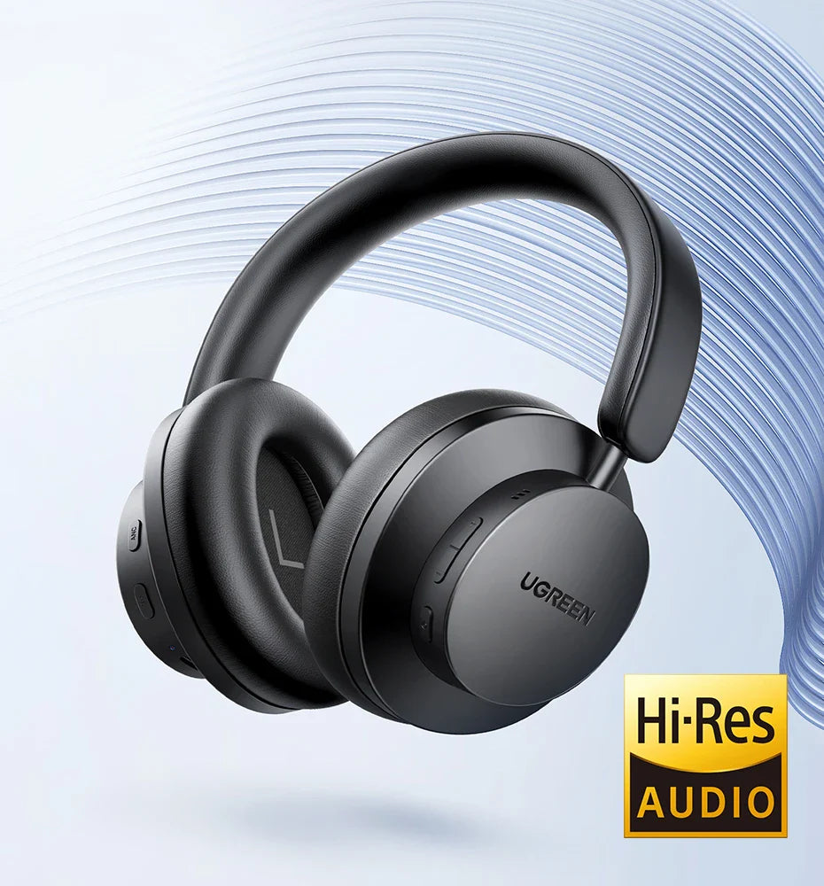 Sleek black over-ear wireless headphones with a Hi-Res Audio label.