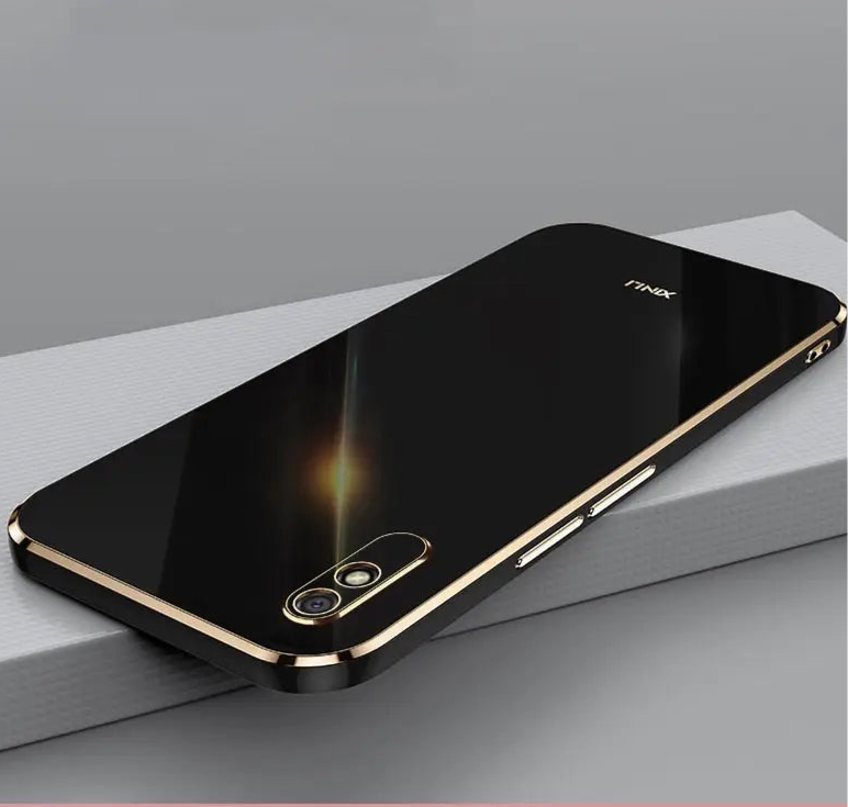 Sleek black smartphone with gold-colored edges and dual rear cameras.