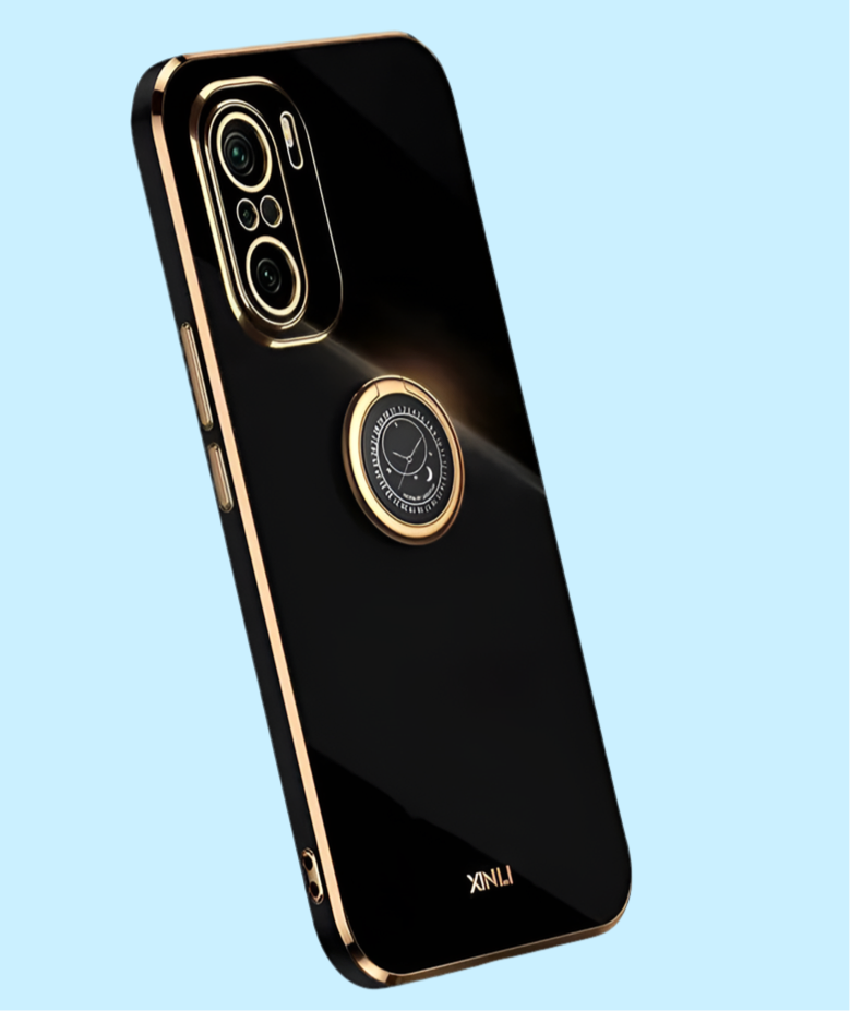 Sleek black smartphone with gold accents and a prominent circular logo on the back.