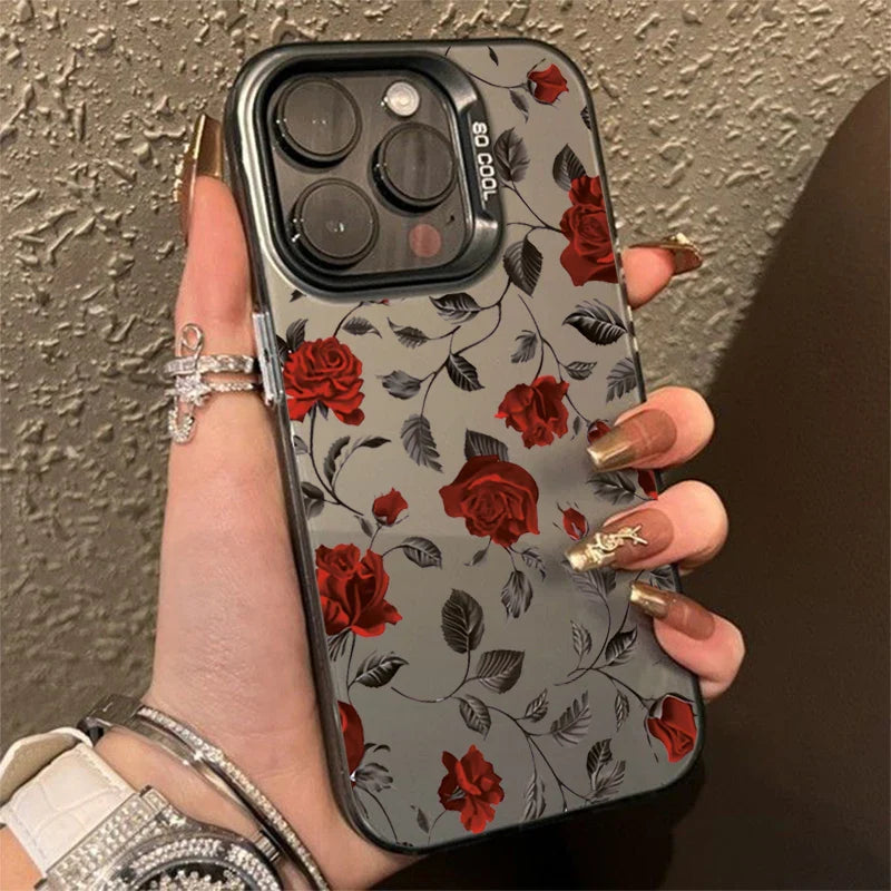 Back view of a sleek gray samsung galaxy phone case with vibrant red rose and black leaves and a clear bumper