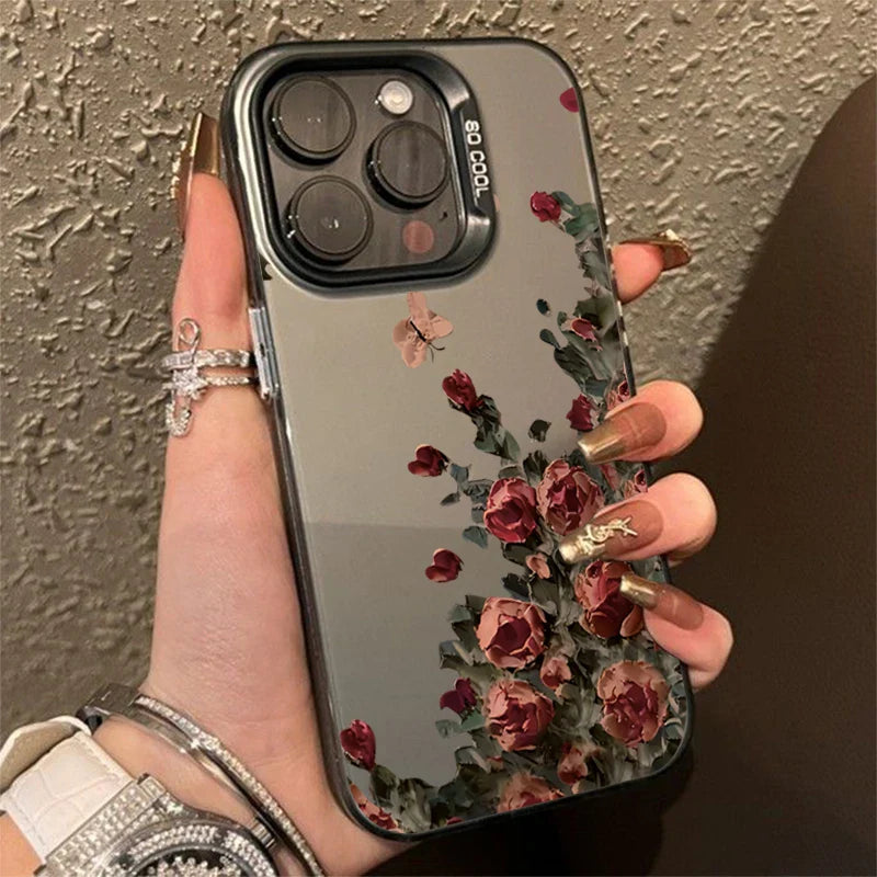 Back side of a sleek mirrored phone case with a red rose floral design for samsung galaxy in retro matte finish