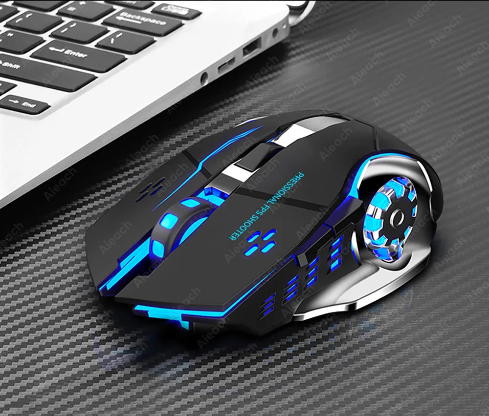 Sleek gaming mouse with blue LED lighting and a futuristic design.