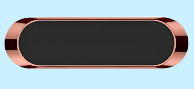 Sleek oval-shaped speaker or audio device with a rose gold metallic frame and black center panel.
