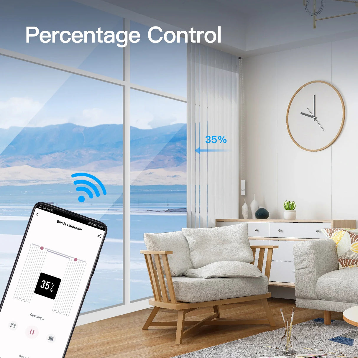 Smart blinds control interface on a smartphone.