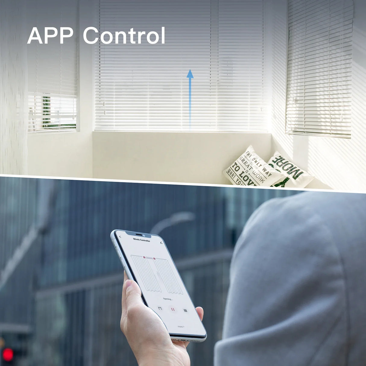 Smart blinds controlled by smartphone.