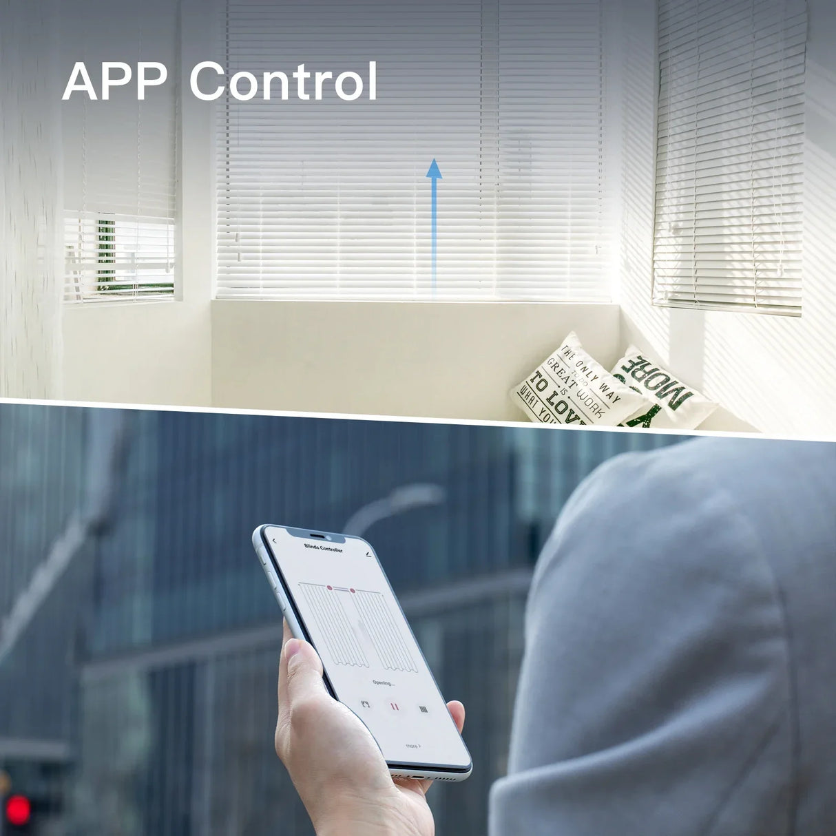 Smart blinds controlled by a smartphone.