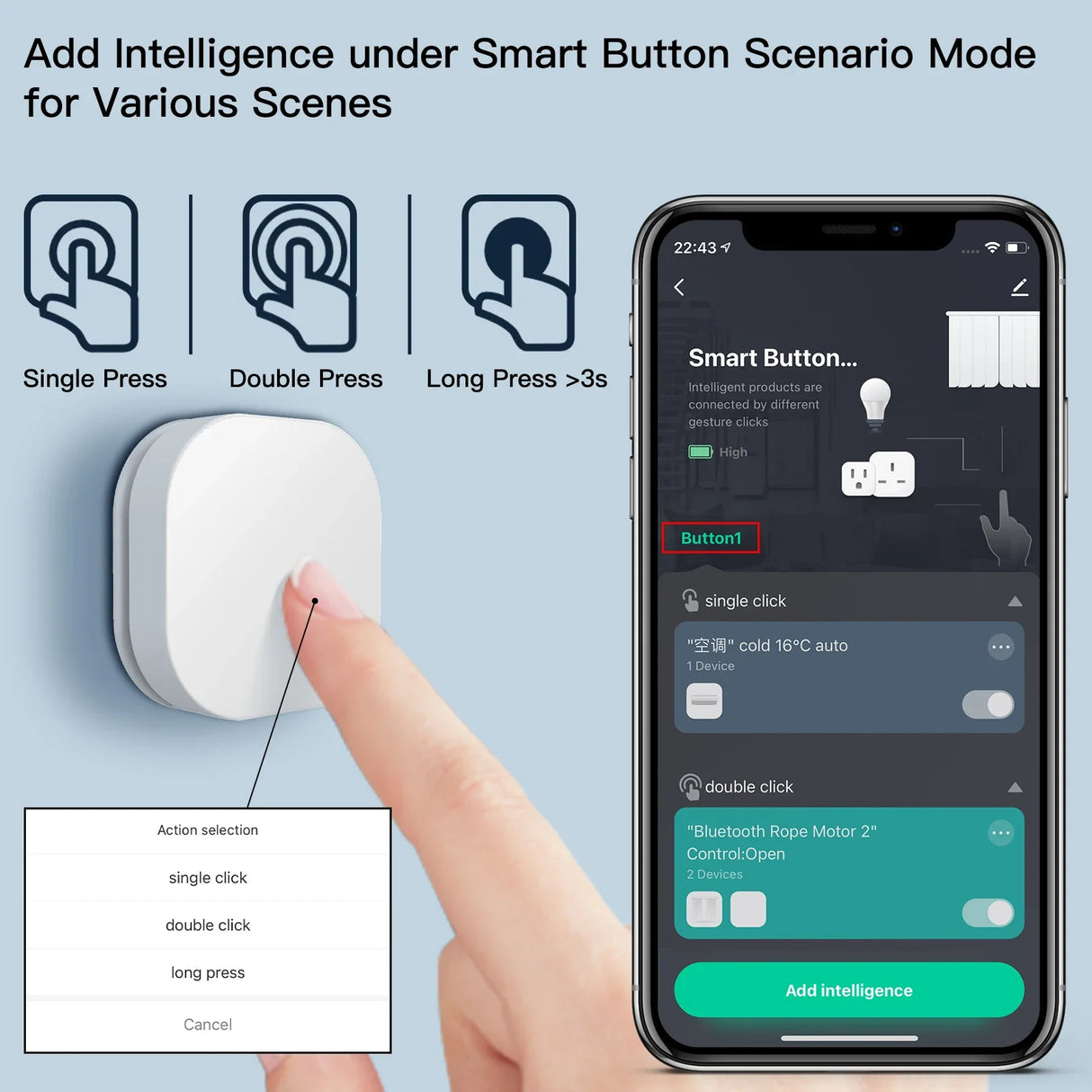 Smart button and phone app interface.