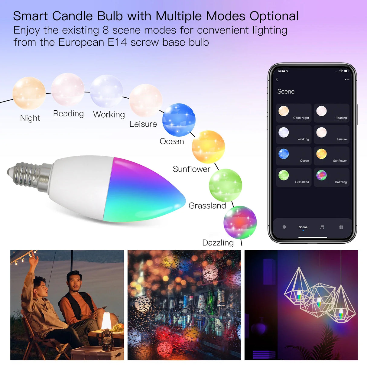 Smart candle bulb with multiple lighting modes.