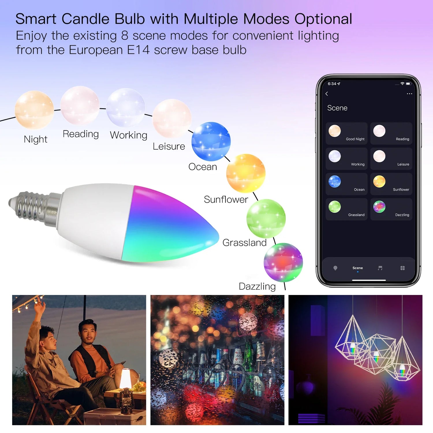 Smart candle bulb with multiple lighting modes.