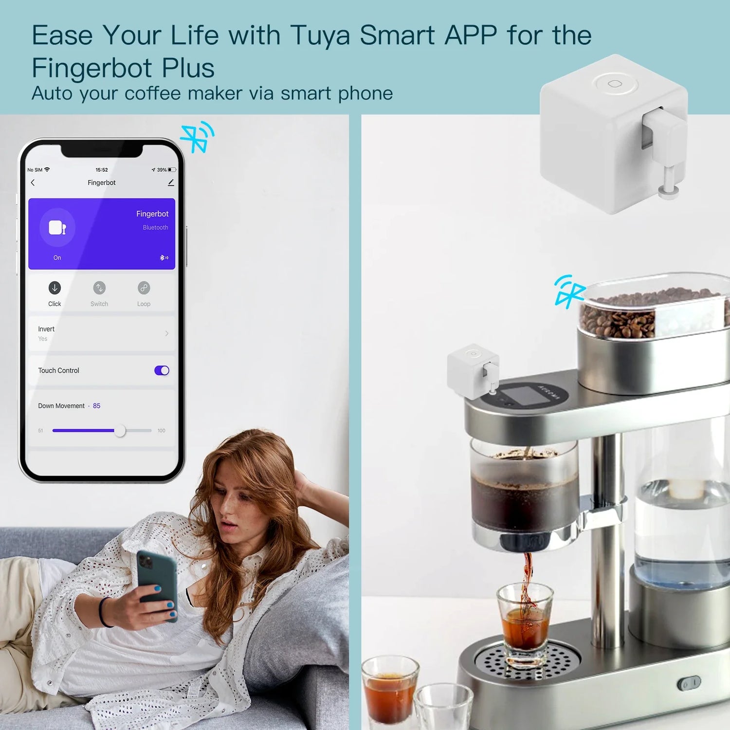 Smart coffee maker with automated button pusher.