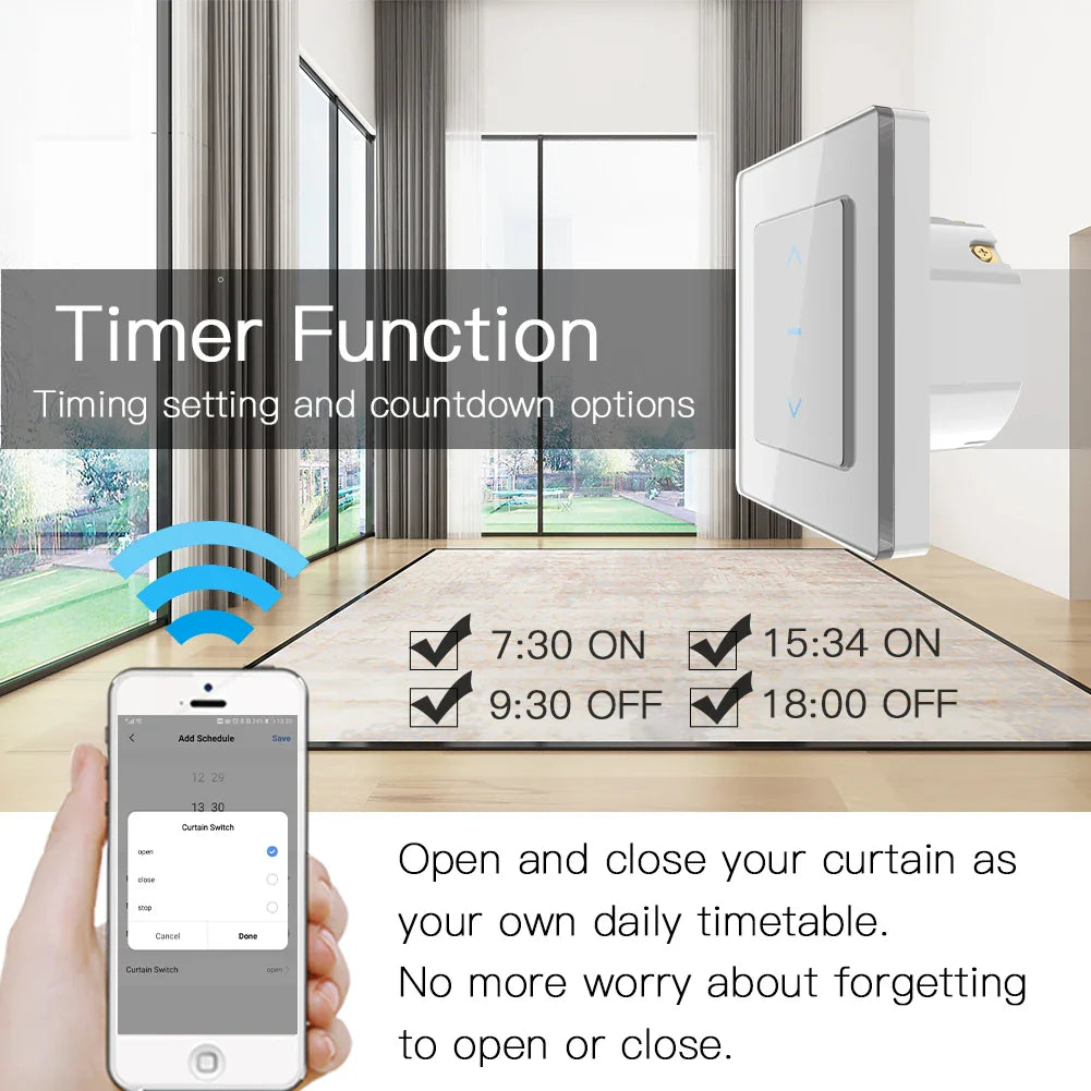 Smart curtain switch with timer function.