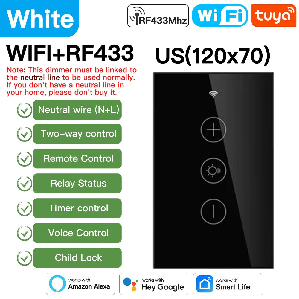 Smart dimmer switch with WiFi and RF433 connectivity.