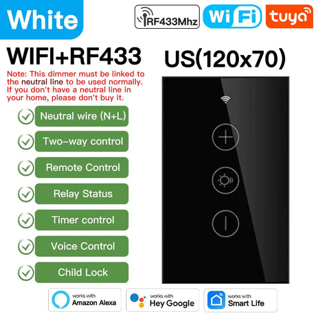 Smart dimmer switch with WiFi and RF433 connectivity.