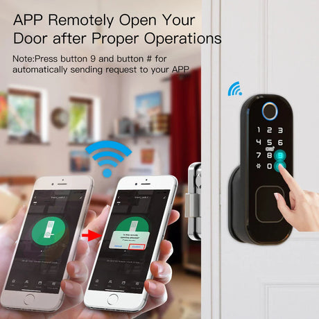 Smart door lock with keypad and smartphone connectivity.