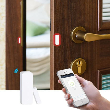 Smart door sensor and smartphone.