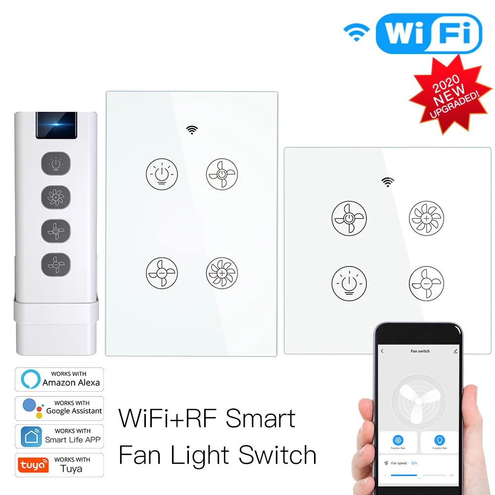 Smart fan light switch with remote and smartphone control.
