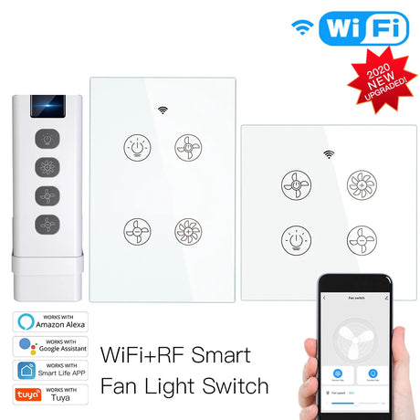 Smart fan light switch with remote and smartphone control.