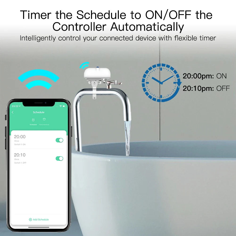 Smart faucet controller with scheduling.