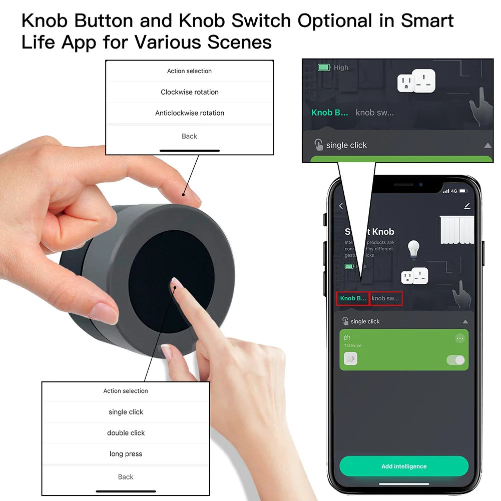 Smart home control knob and app interface.