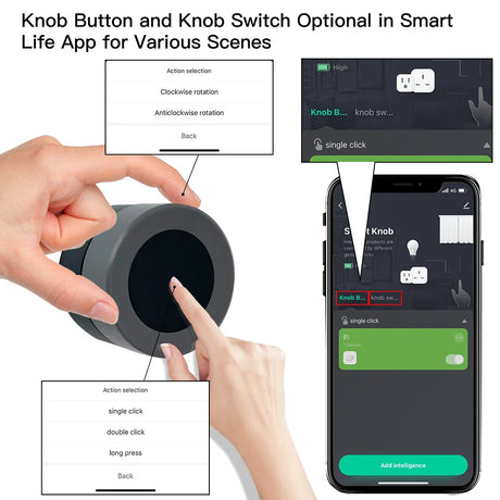 Smart home control knob and app interface.