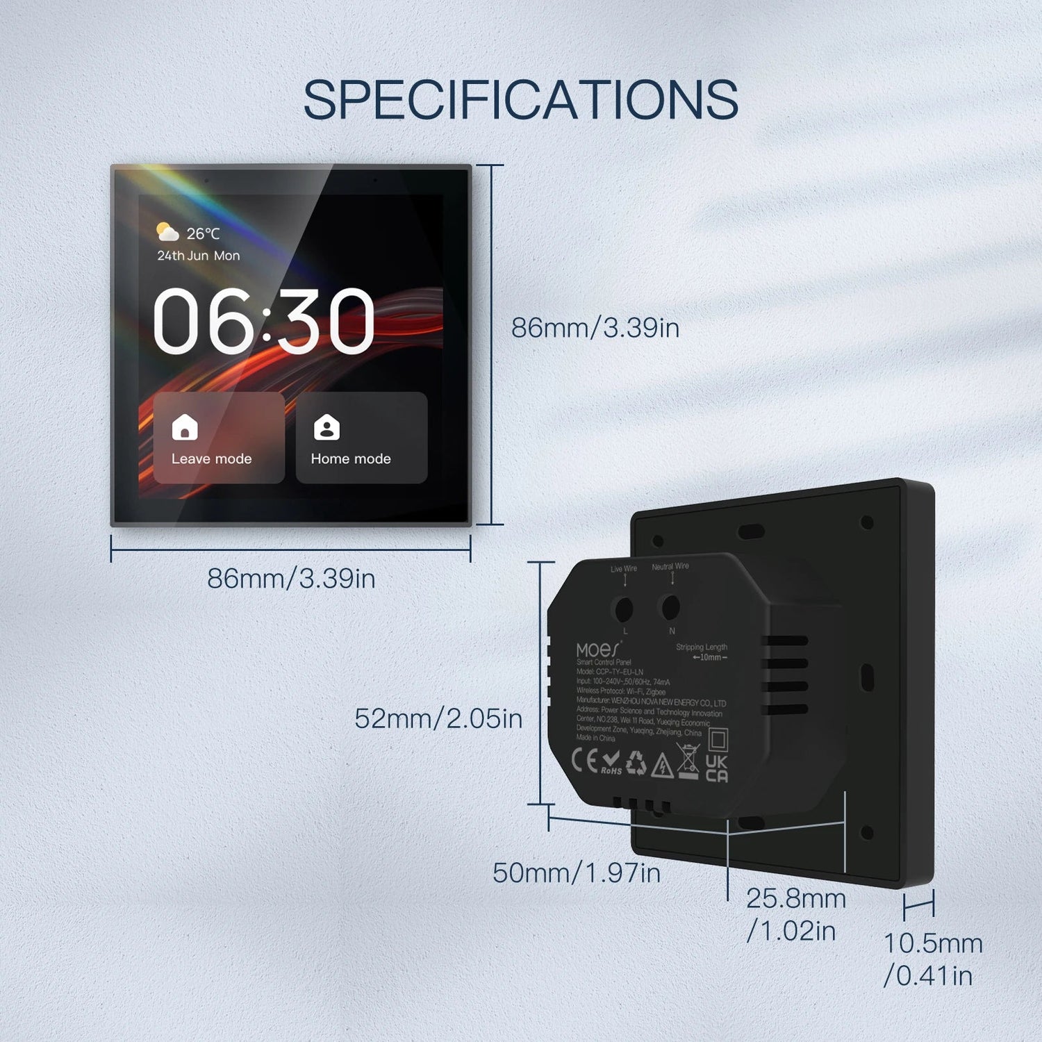 Smart home control panel with dimensions.