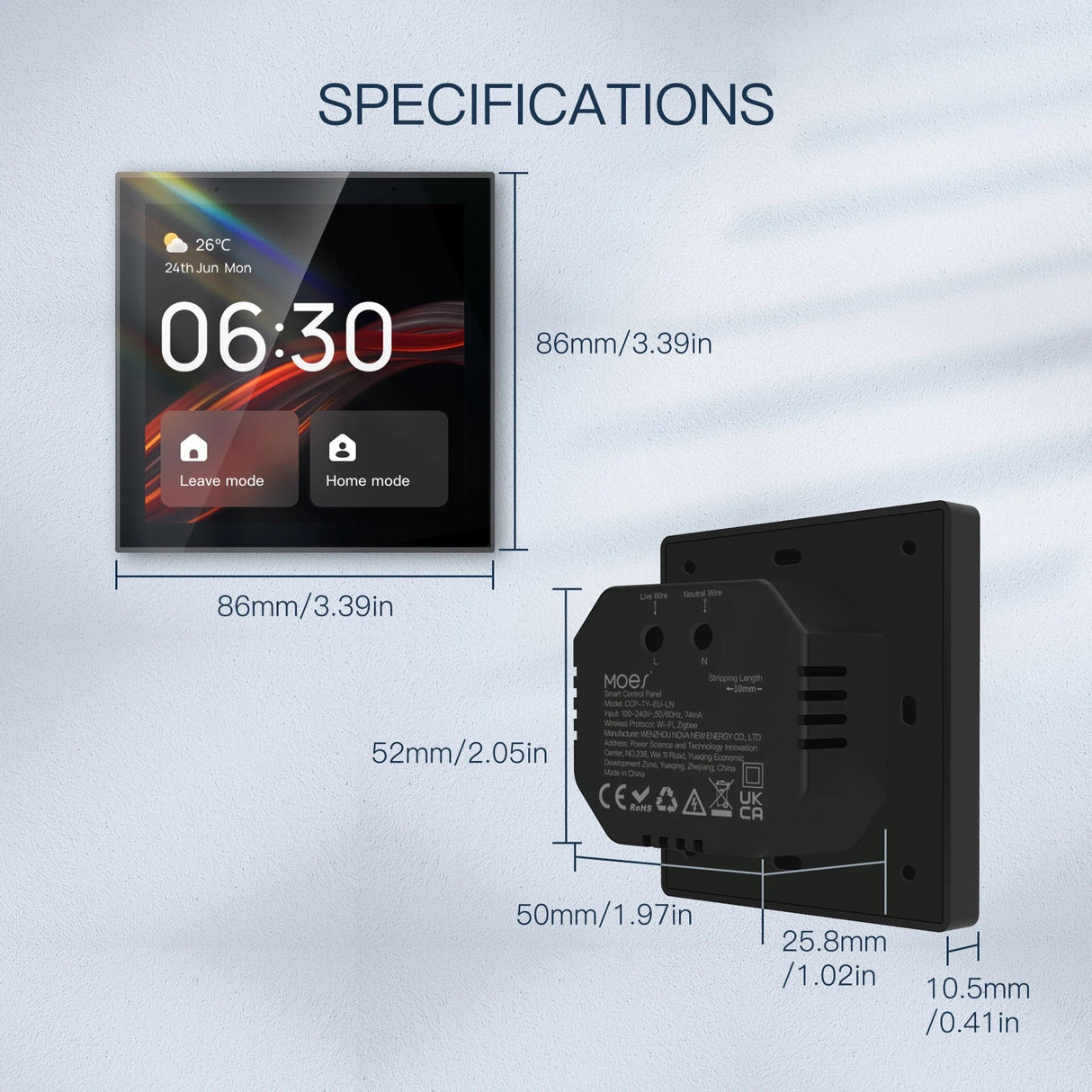 Smart home control panel with dimensions.