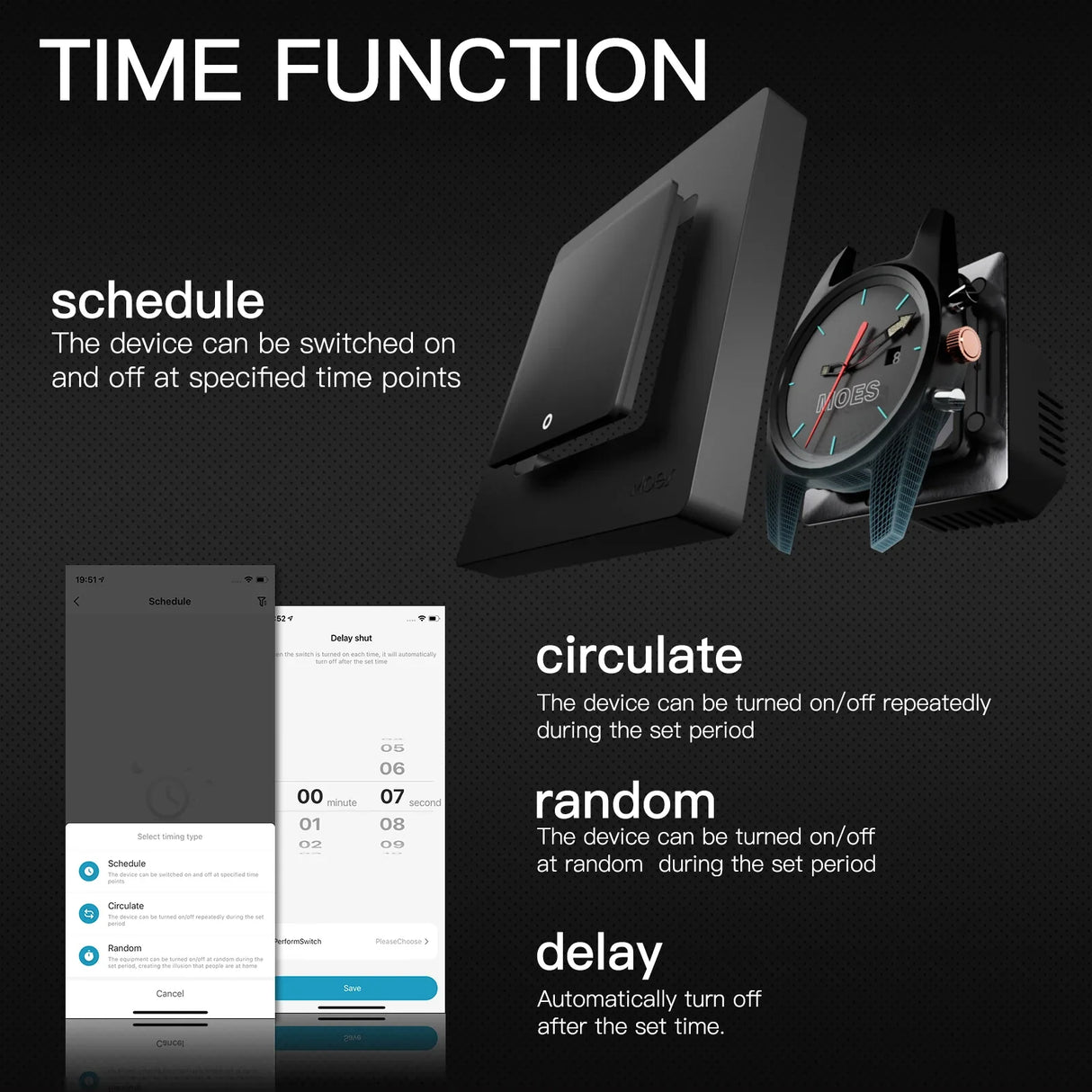 Smart home timer switch features.
