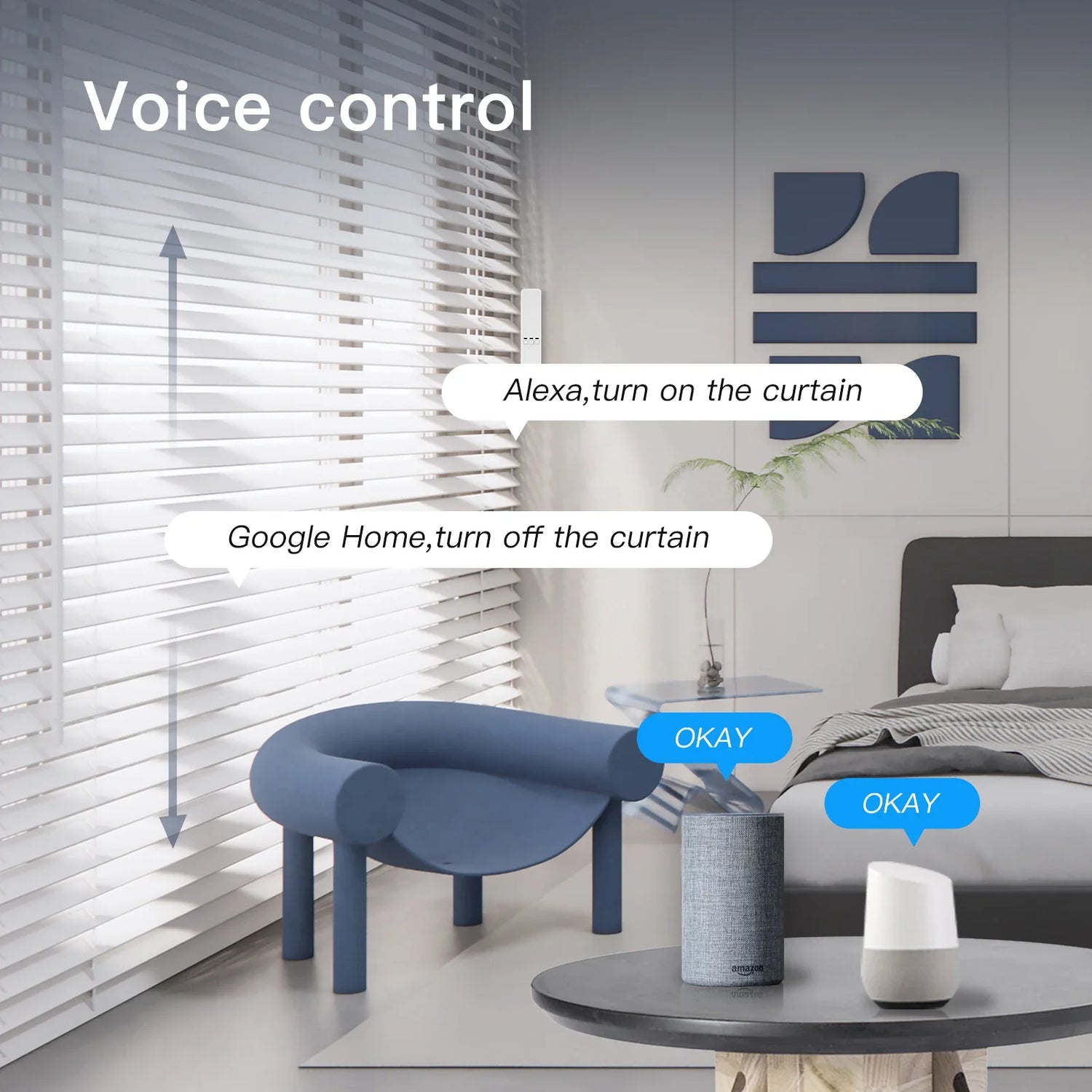 Smart home voice-controlled blinds.