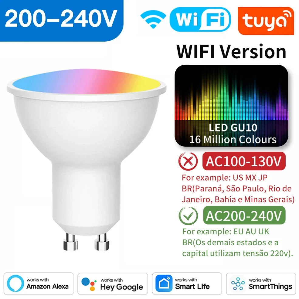 Smart LED light bulb with multi-color capability and voltage compatibility.
