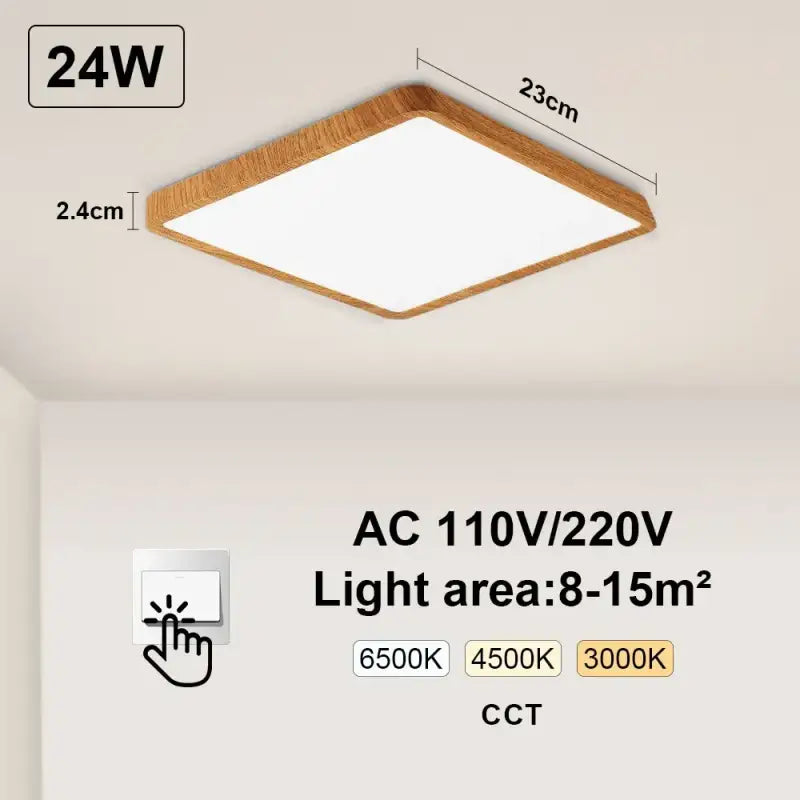 a ceiling light with a wooden frame and a white light