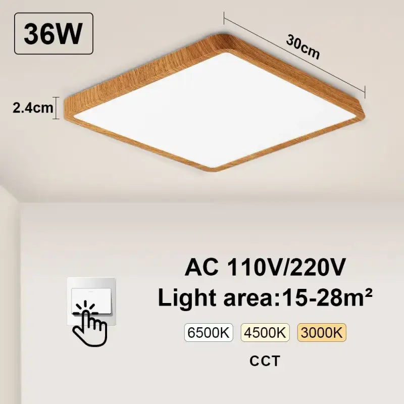 a wooden ceiling light with a white light