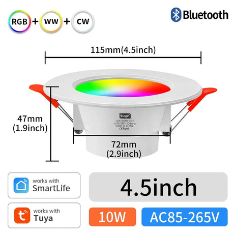 Smart LED recessed light with dimensions.