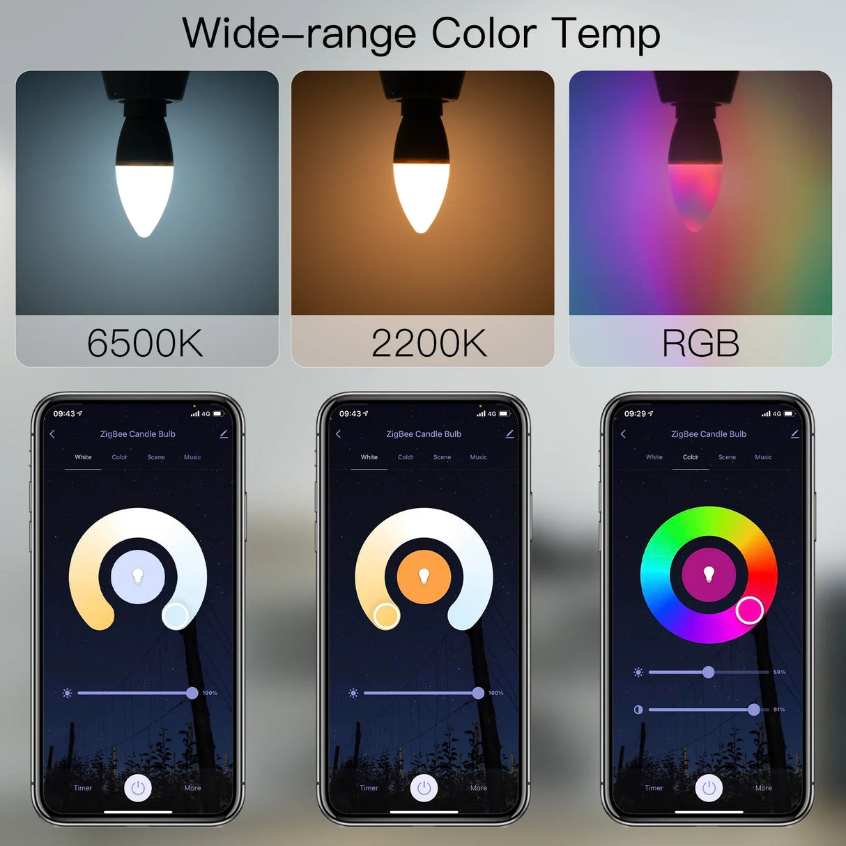 Smart light bulb color temperature options.