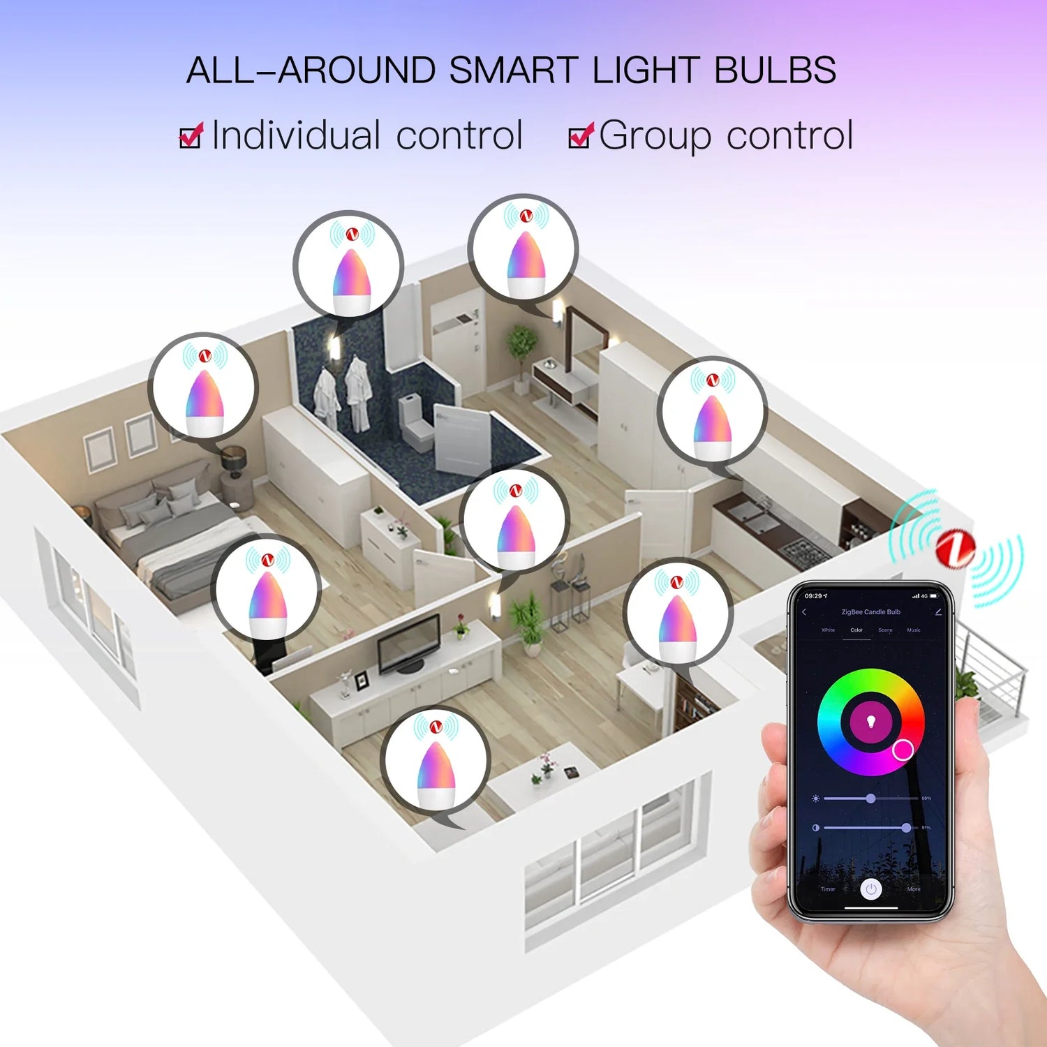 Smart light bulb control via smartphone.