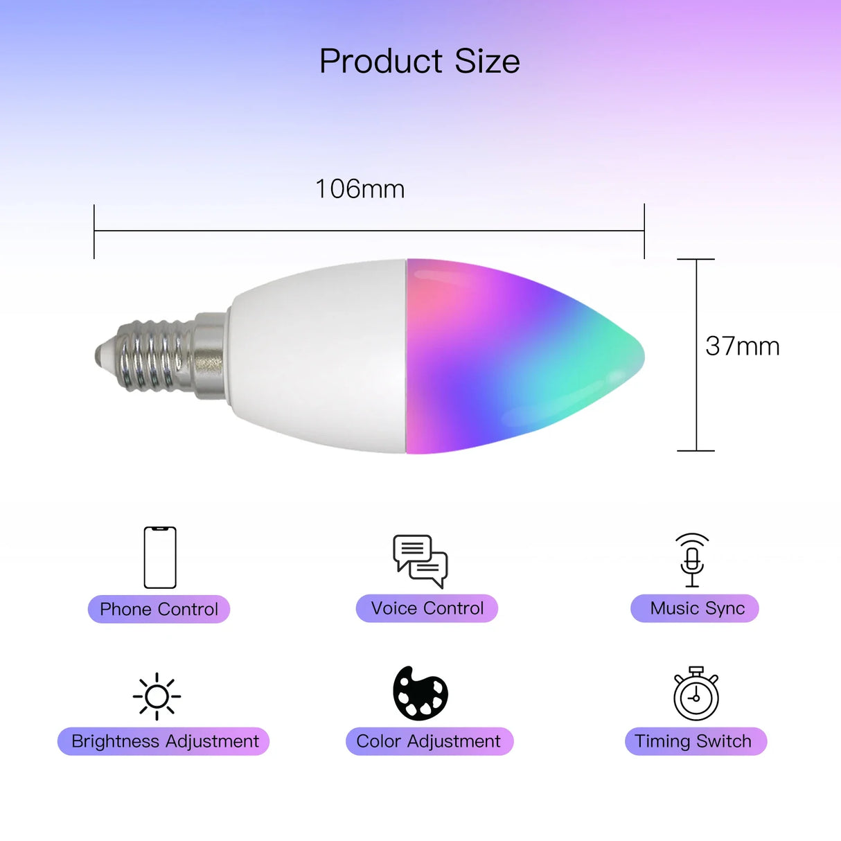 Smart light bulb with size dimensions and control features.