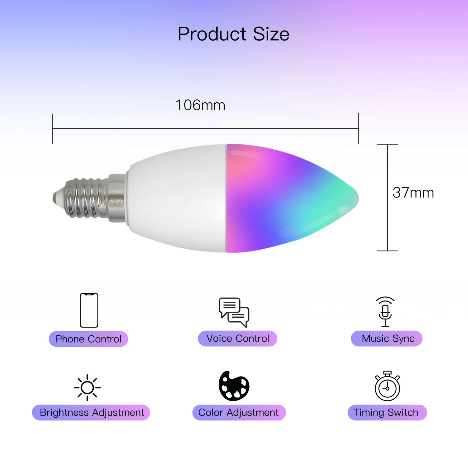 Smart light bulb with size dimensions and control features.