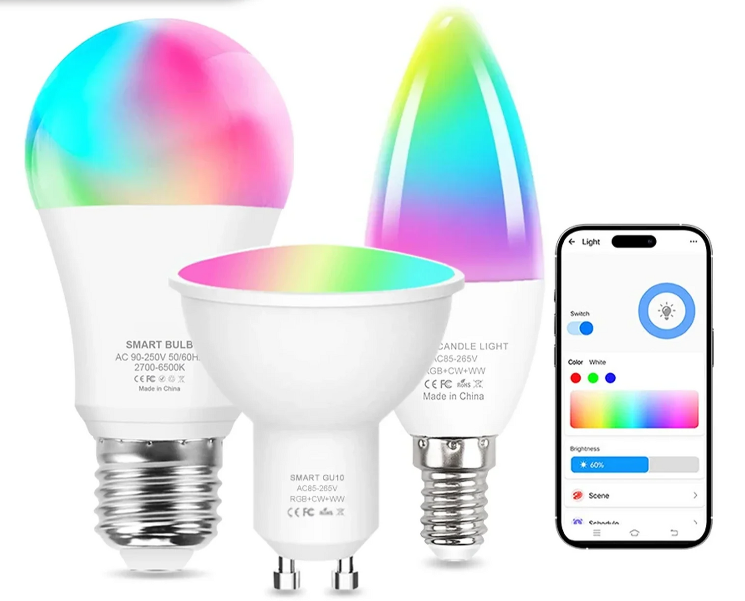 Smart color-changing light bulbs with smartphone app control.