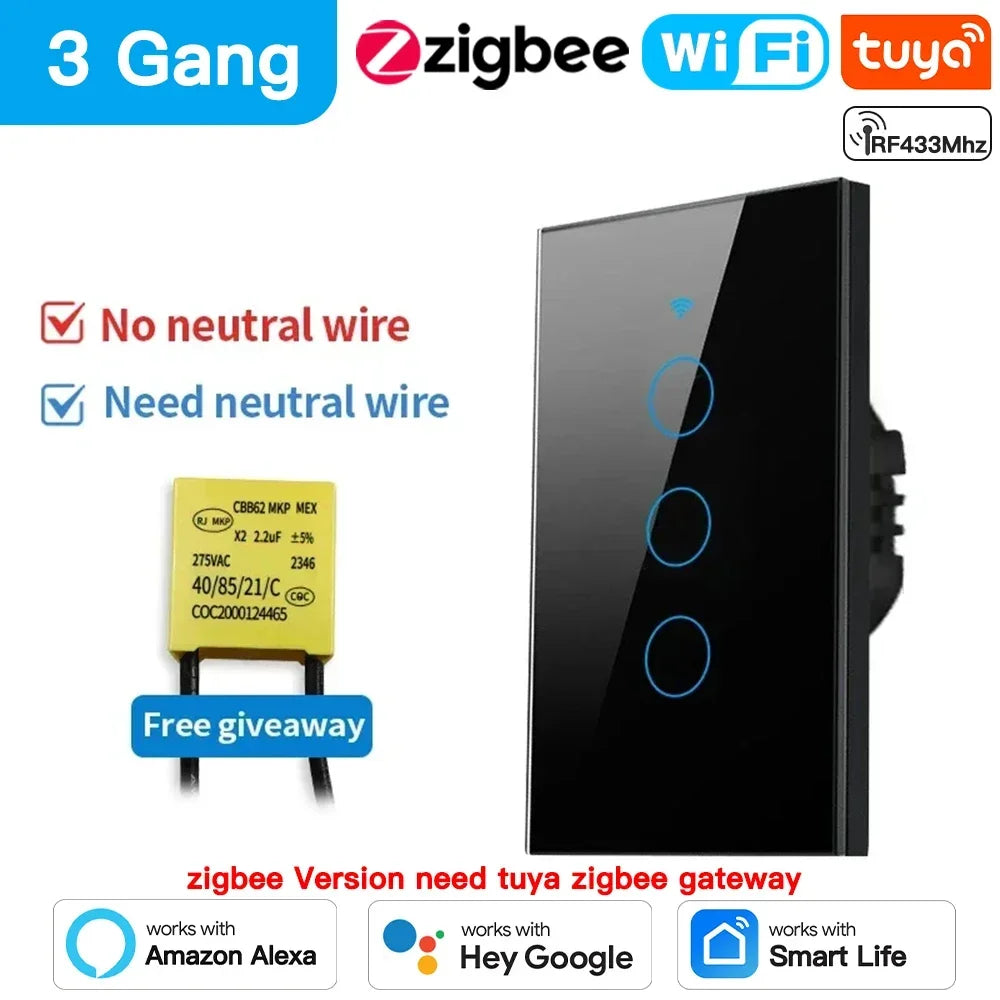 Smart light switch with Zigbee and Wi-Fi connectivity.