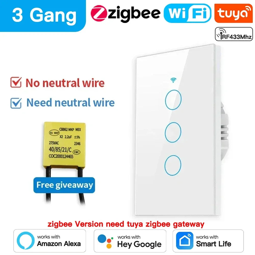 Smart light switch with Zigbee and Wi-Fi connectivity.