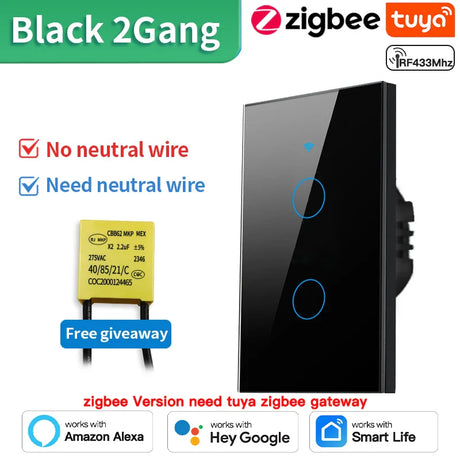 Smart light switch with Zigbee and Tuya compatibility.