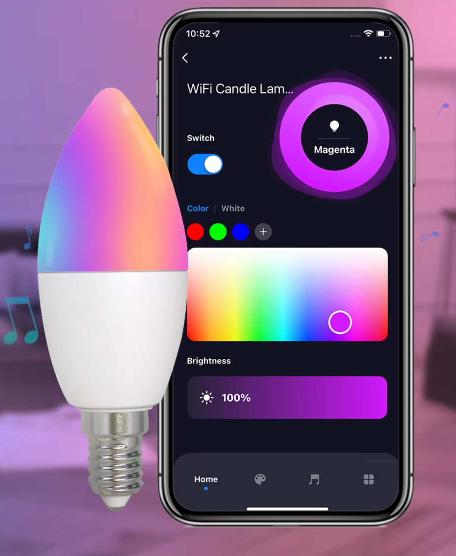 Smart color-changing lightbulb.