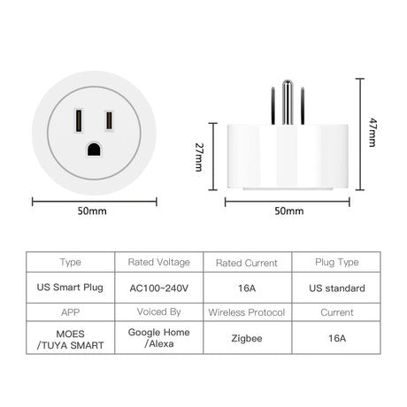 US smart plug dimensions and specifications.