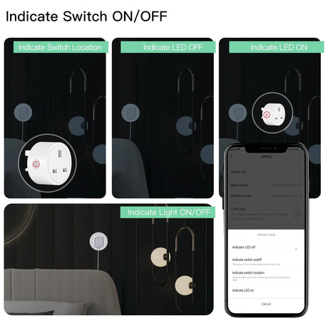 Smart plug with on/off indicator options.