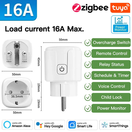 Smart plug with power monitoring and remote control.