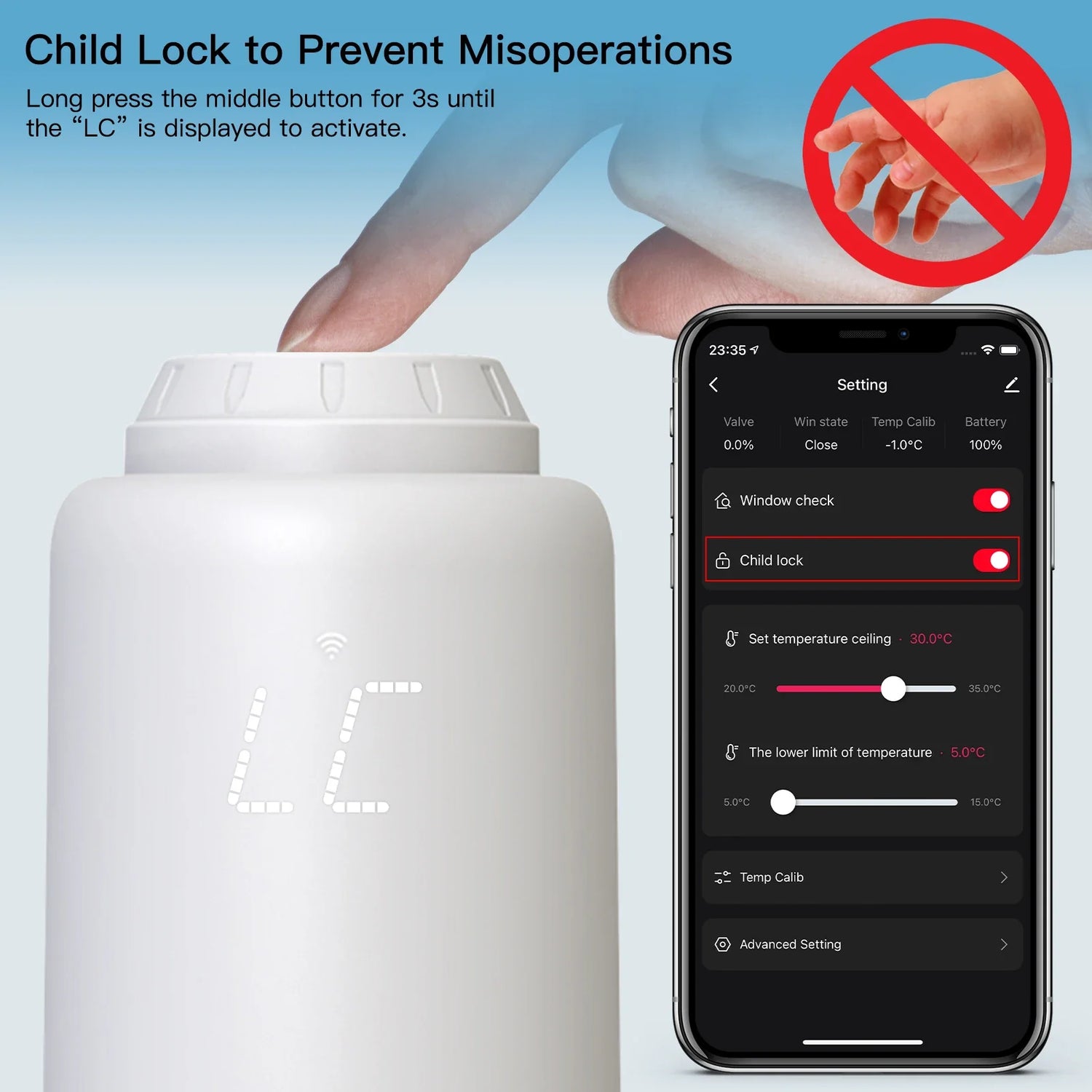 Smart radiator thermostat with child lock feature.