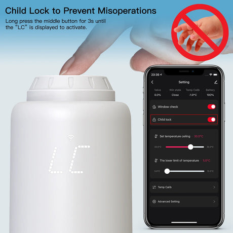 Smart radiator thermostat with child lock feature.