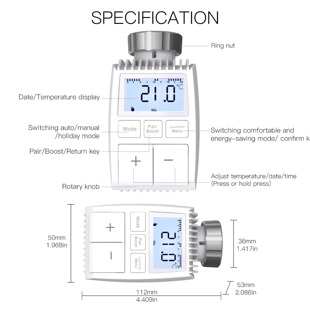 Smart radiator thermostat with dimensions.