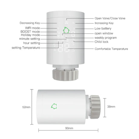Smart radiator thermostat with dimensions.